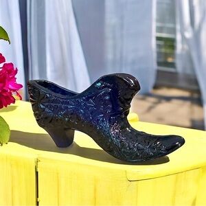 Vintage Fenton Cobalt Daisy Cat Head Victorian Glass Slipper